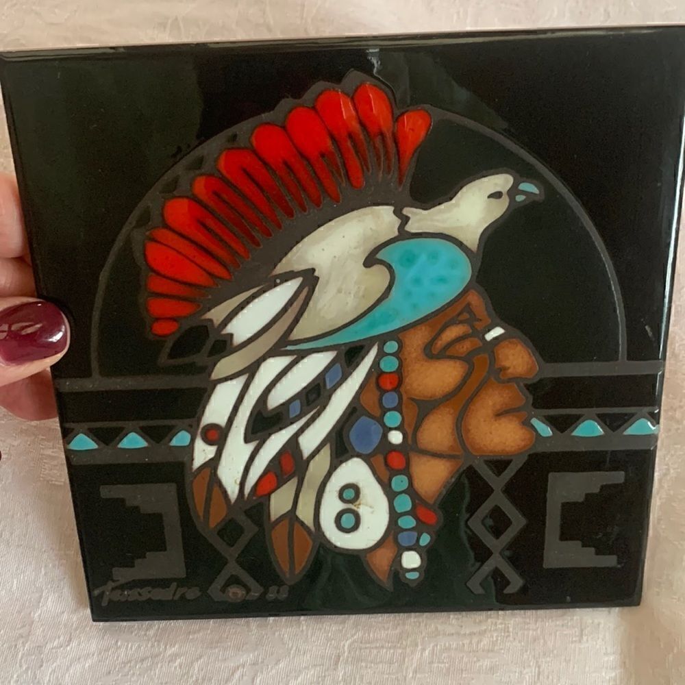 Terracotta Ceramic Trivet Tile Native American Bird Italian Vintage